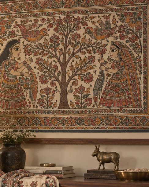 A framed Mithila tree-of-life painting above a wooden console