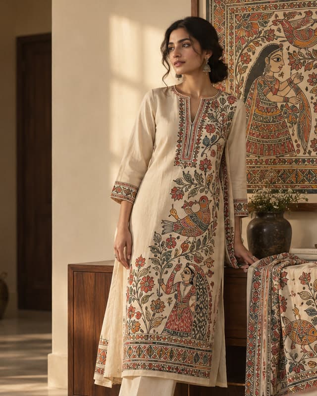 A hand-painted Madhubani kurta worn in a sunlit room